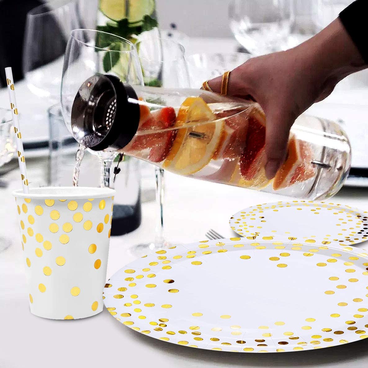 iZoeL 60 Guests Gold Party Tableware Paper Dinnerware Gold Dot Plates Cups Straws Napkins for Birthday Party Baby Shower Bridal Wedding Anniversary