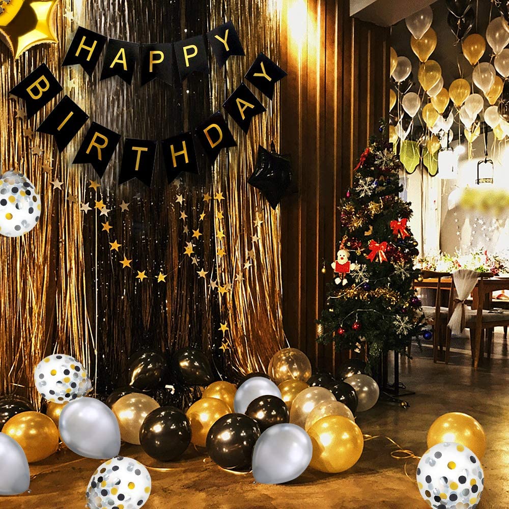 iZoeL Black Gold Silver Party Decorations incl. Birthday Banner 6 star foil balloon 30 latex balloons 10 confetti balloons Happy Birthday star Confetti