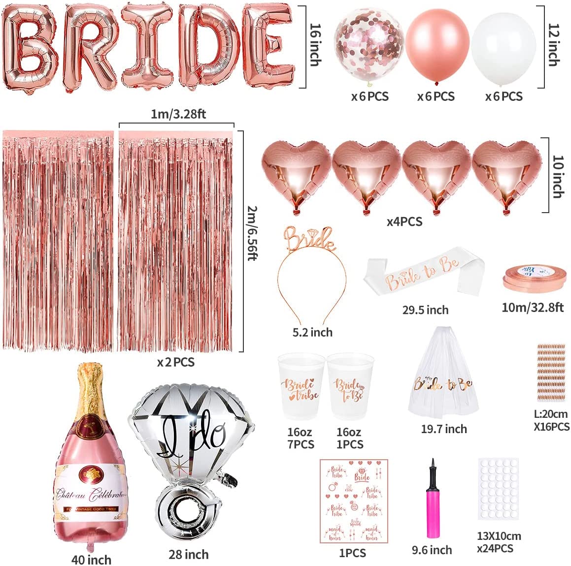 iZoeL Hen Party Accessories, Bride to Be Bride Cups straws, Sash, Veil, Tiara, Curtains, Champagne Ring, Cups, Straws, Tattoos, Tattoos Team Bride, Balloon Pump - Hen Do Decoration