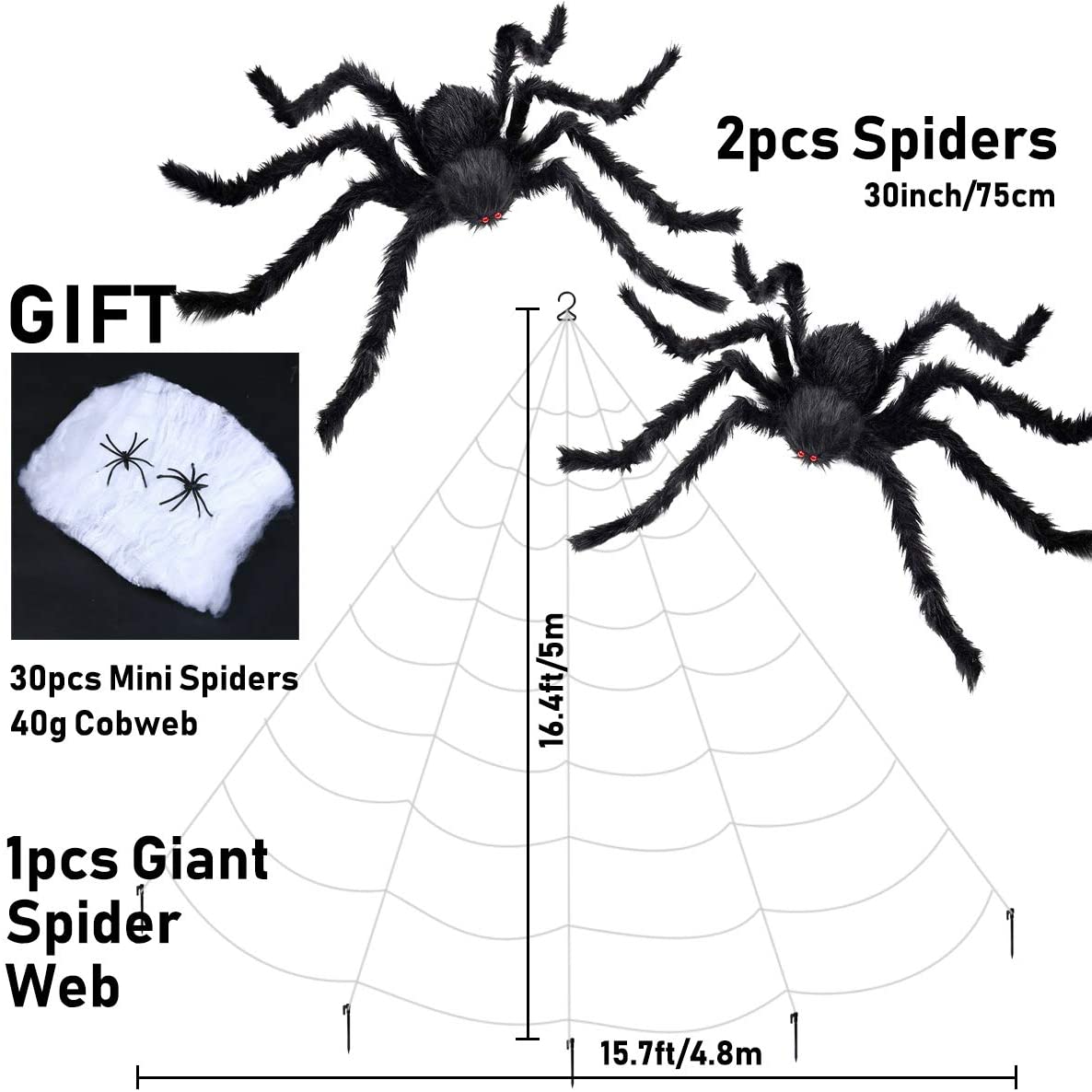 iZoeL 2pcs Giant Spider 75cm, Triangular Cobweb 5m*4.8m, Plastic Spiders 30pcs, Spider Web 40g for Halloween Decorations Indoor Outdoor Home Yard (Black cobweb + spider + 40g spider web)