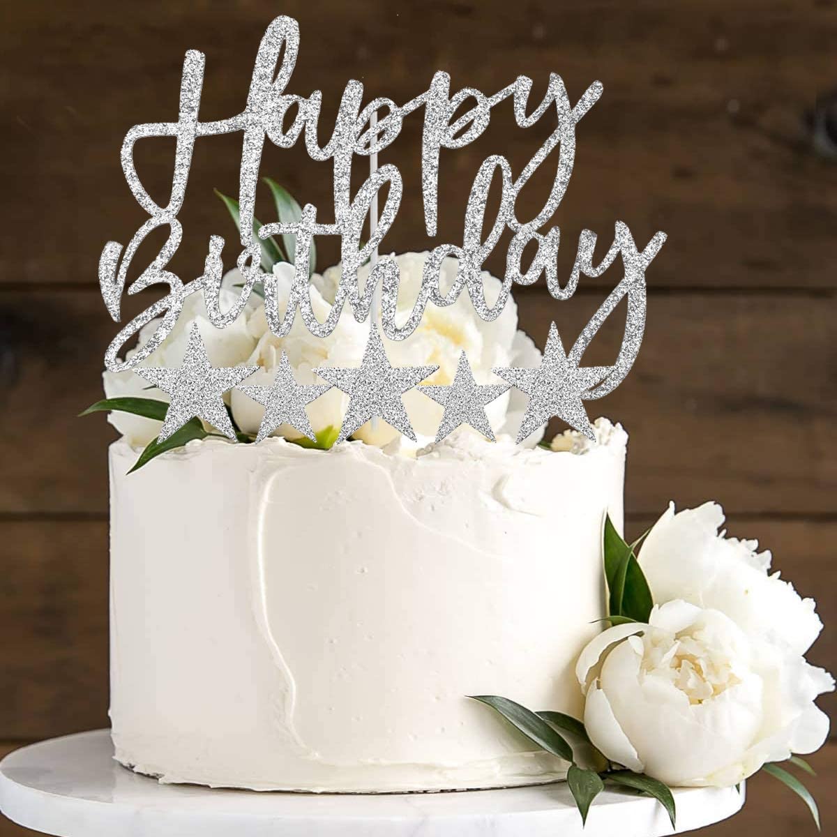 iZoeL 2 Sets Silver Cake Decoration Gold Cake Topper Happy Birthday Banner Confetti Balloon Stars Heart Cake Topper for Man Boys Women Girls Silver Theme Birthday Party Decor Hen Party