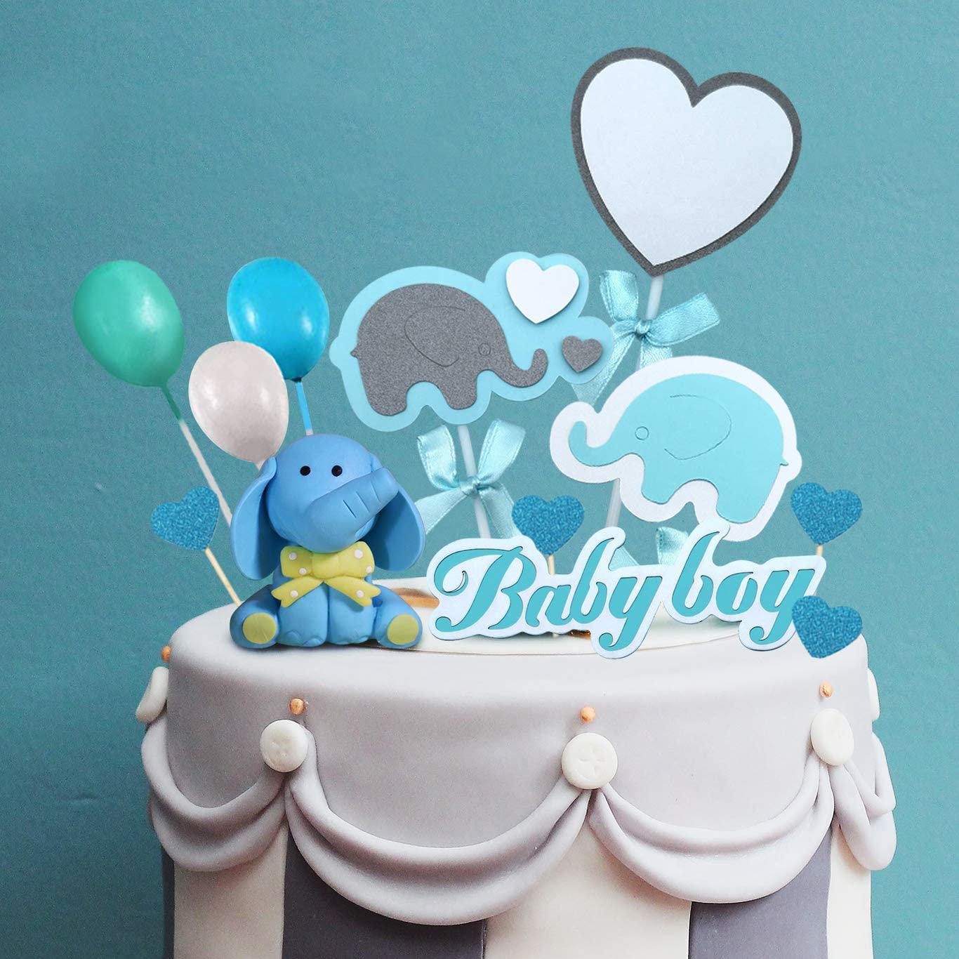 iZoeL Baby Shower Cake Topper Elephant Cake Decor, 1 Blue Elephant, 2 Elephant Cake Toppers,1 Baby Boy Banner, 11 Shine Hearts, 3 Balloons for Boys kids Shower Baby Cake Decoration