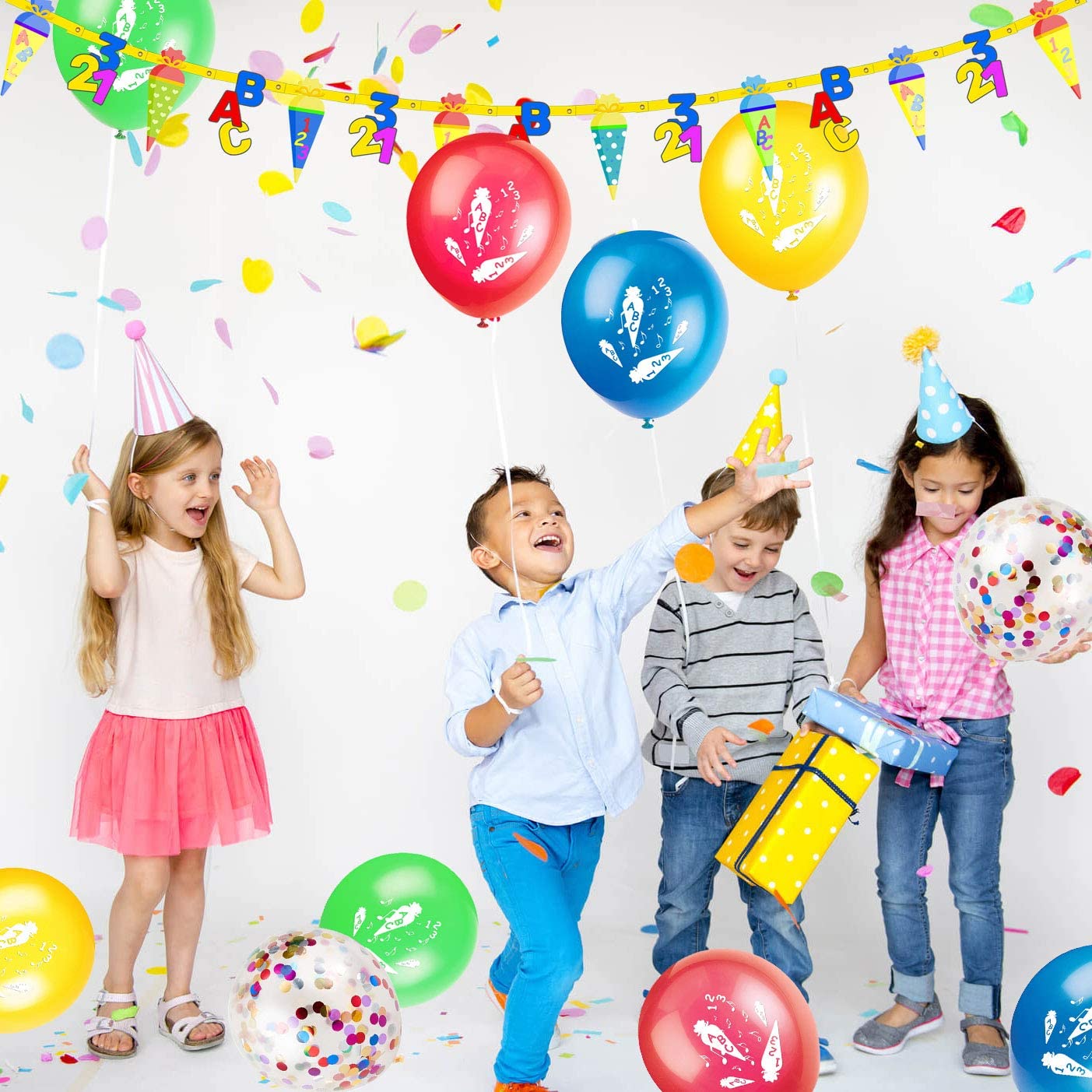 iZoeL Schuleinführung Schulanfang Einschulung Deko Schultüte Banner + 15 Luftballon + 123 ABC Konfetti für Junge Mädchen