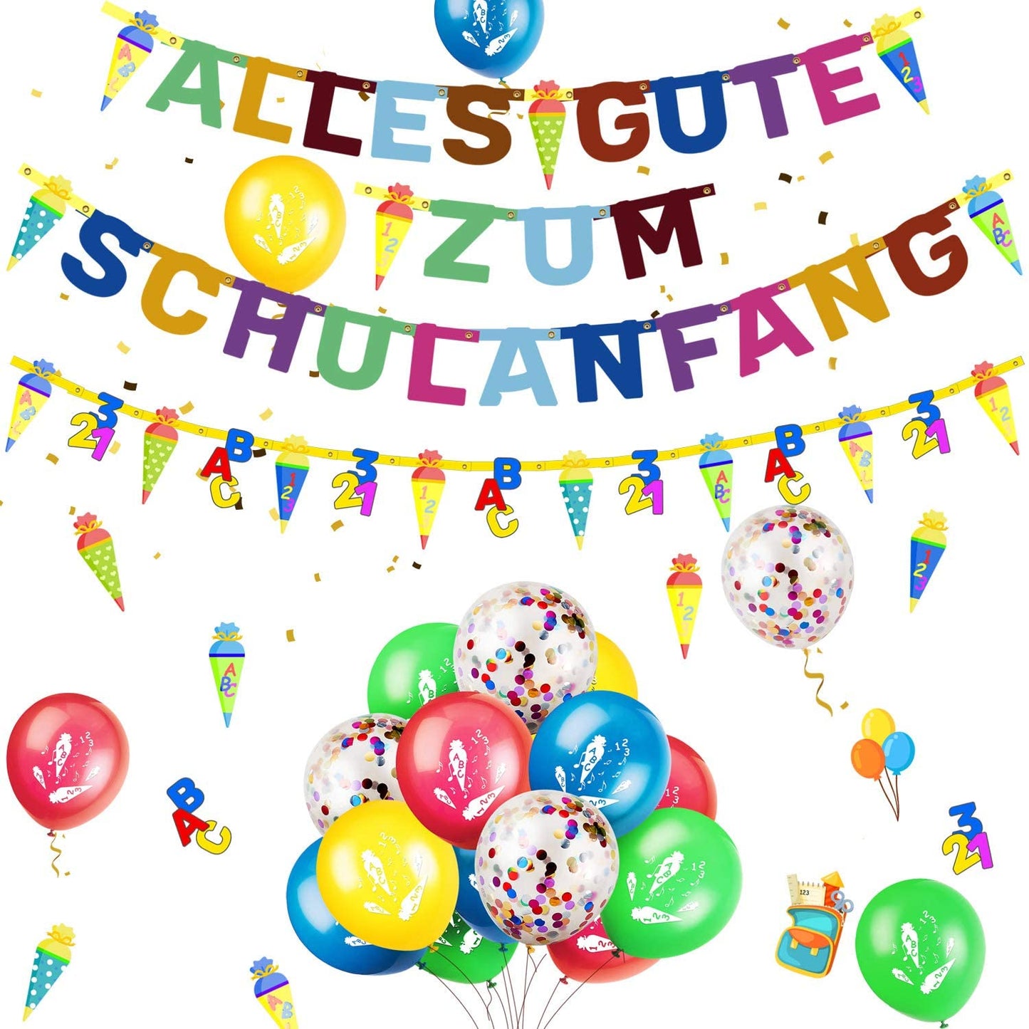 iZoeL Schuleinführung Schulanfang Einschulung Deko Alles Gute Zum Schulanfang Girlande + Schultüte Banner + 15 Luftballon + 123 ABC Konfetti für Junge Mädchen
