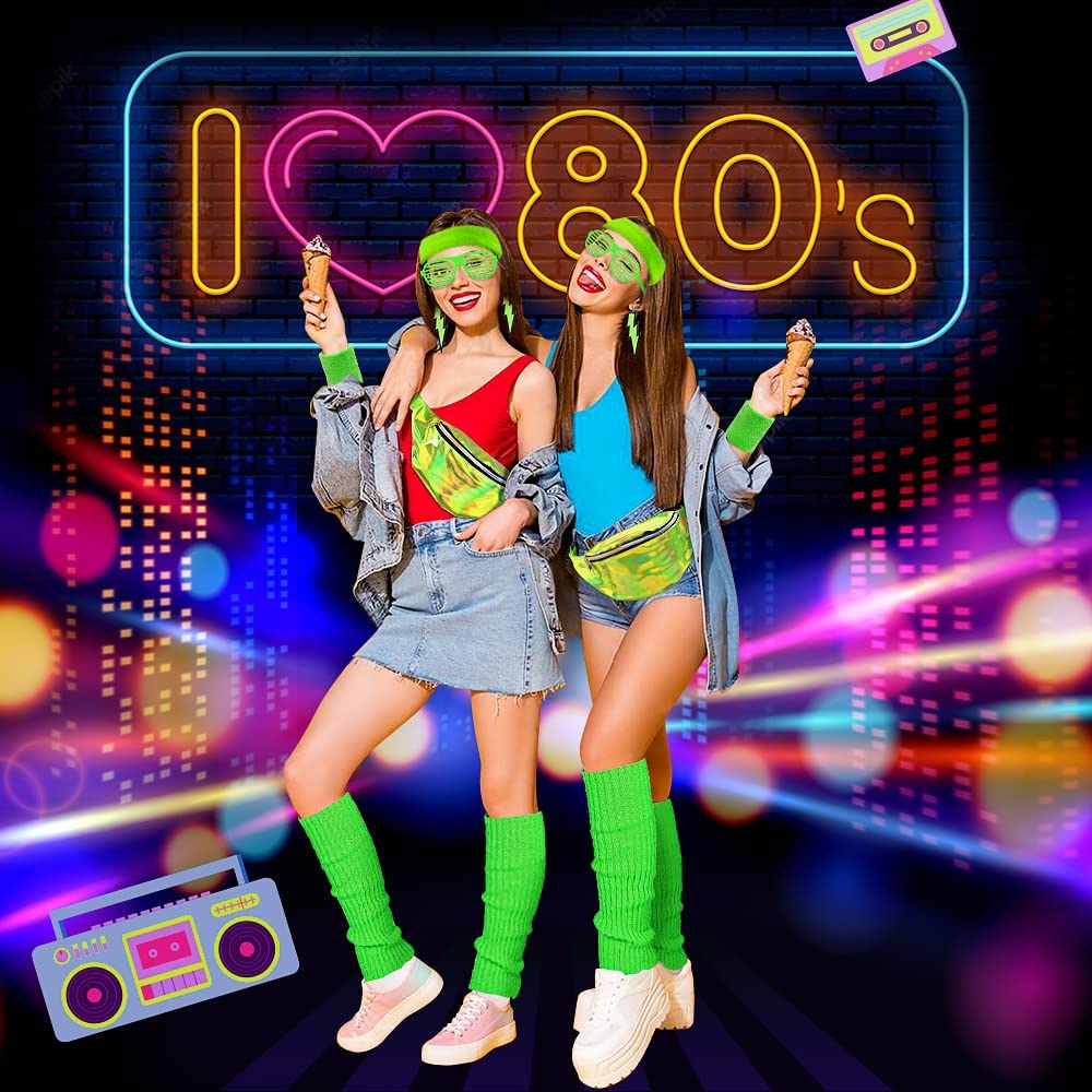iZoeL 80s Fancy Dress for Women 80s Accessories Halloween Costumes for Kids 80s Outfits for Girls - Waist Packs Headband Wristbands Leg Warmers - Neon 80s Fun Run Teams