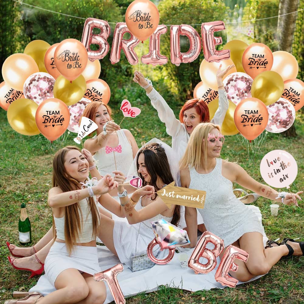 iZoeL Hen Party Decoration, Hen Party Accessories, 26 Hen Party Photobooth Props Sash Bride To Be Banner Balloons Veil Bride Headband Tiara Tattoos Team Bride- Hen Do -Rose Gold
