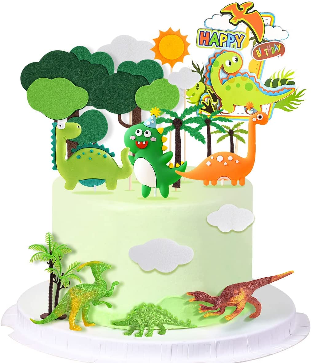 iZoeL 3D Dinosaur Cake Toppers, Dinosaur Cake Decoration, Dinosaur Happy Birthday Caker Topper, Dinosaur Cupcake Topper for Kids Boys Birthday Party Cake - 19PCS - Reusable