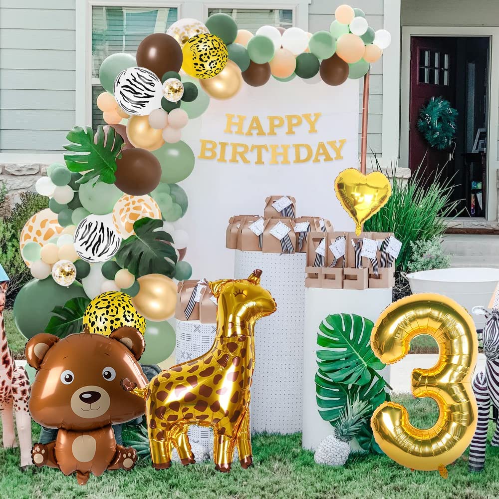 iZoeL 3rd Birthday Decorations for Baby Girls Boys 3 Birthday Banner Balloons, Sage Green Balloon Arch Kit, Giraffe Bear Balloons Wild Tablecloth 3rd Cake Topper Wild Two Animal Birthday Party