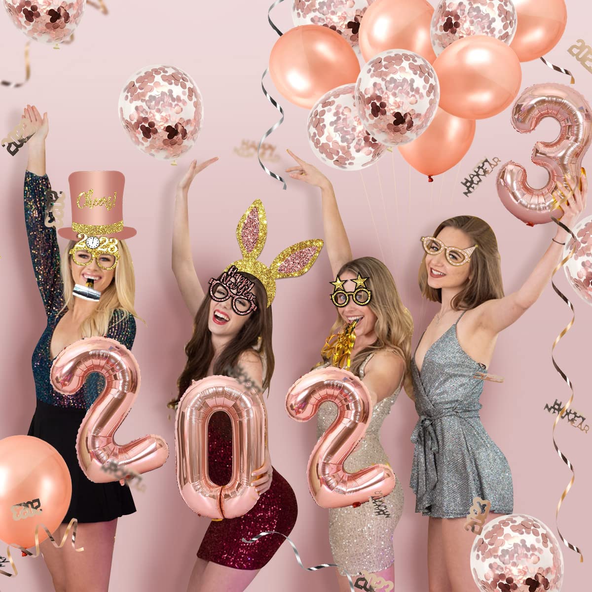 iZoeL New Years Decorations 2023 Eve Party Supplies - Rose Gold 2023 Balloons 2023 Glasses New Year Photo Booth Props, Curling Ribbons Table Confetti Decorations - New Years Party Favors