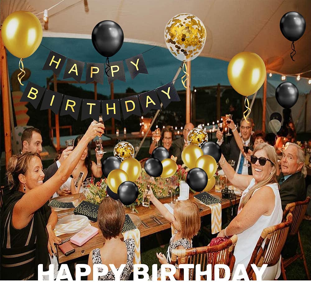 iZoeL Vaisselle Jetable Anniversaire Or Noir, Decoration Anniversaire Homme Femme, 46pcs Arche Ballon anniversaire Nappe Rideau Bruant Serviettes Assiettes Tasses Paille 10g Confettis