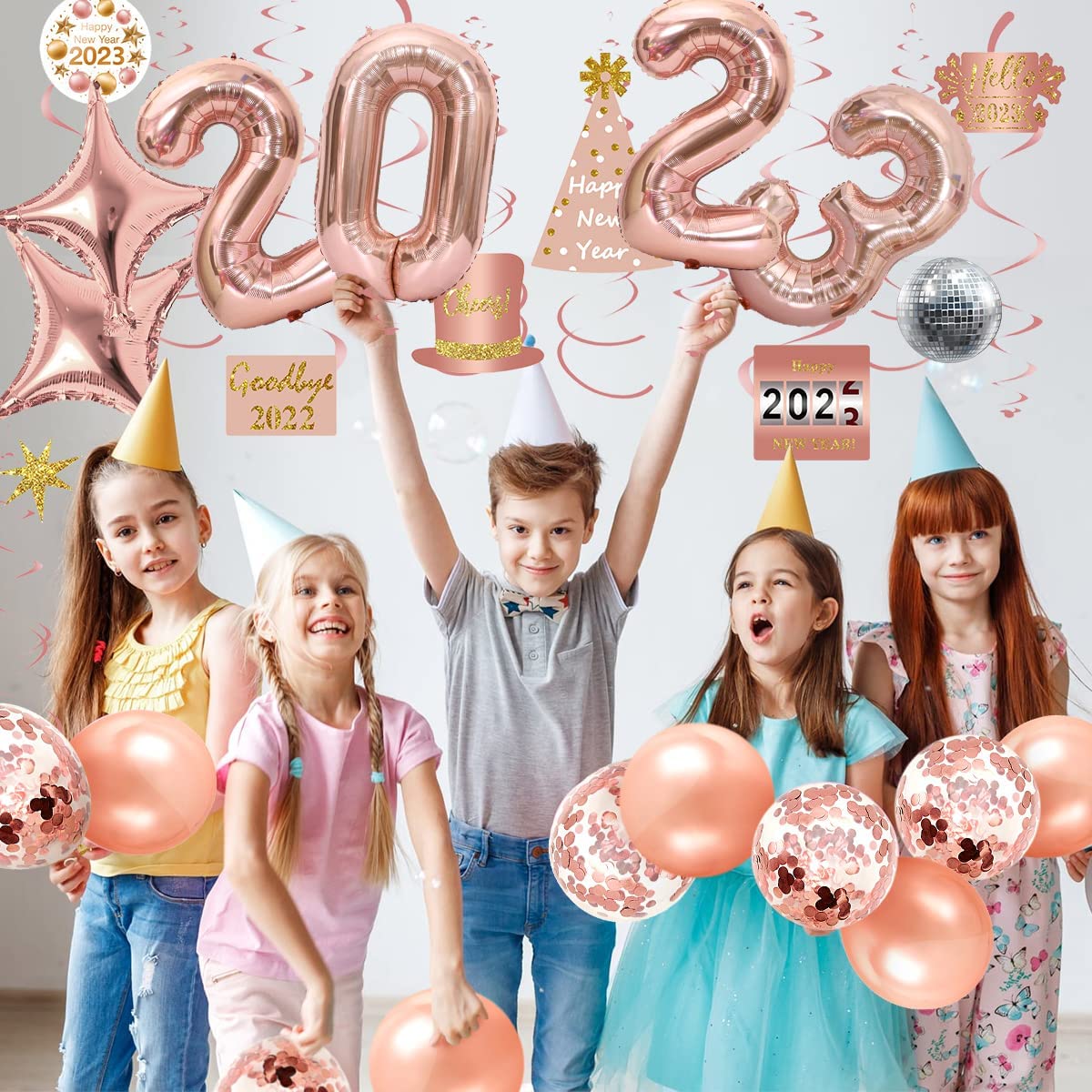 iZoeL New Years Decorations 2023 Eve Party Supplies - Rose Gold 2023 Balloons New Year Hanging Swirl New Year Cake Topper Happy New Year Balloons - 2023 New Years Party Favors