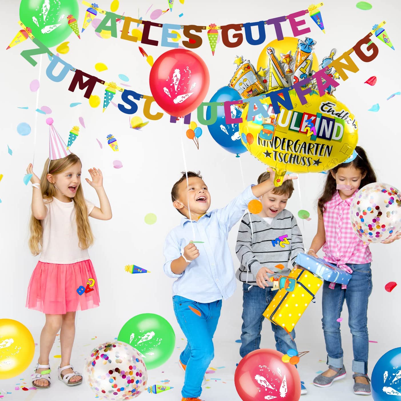 iZoeL School Decoration Boy Girl Finally School Child Foil Balloon "Alles Gute zum Schulanfang" Garland Balloon School Decoration