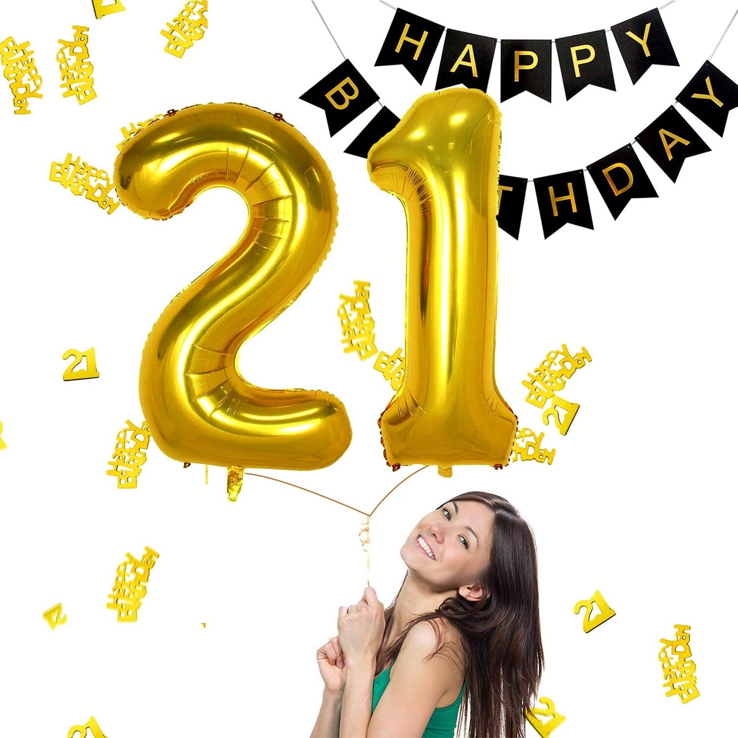 iZoeL 21st Black Gold Birthday Party Decoration, Happy Birthday Banner, Helium Number Balloon 21 XXL, 2 Gold Fringe Curtain, Latex Confetti Balloon, Table Confetti for Man Girl Women Anniversary