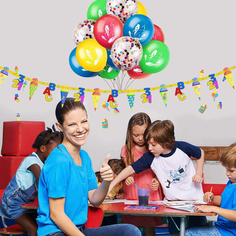 iZoeL Schuleinführung Schulanfang Einschulung Deko Schultüte Banner + 15 Luftballon + 123 ABC Konfetti für Junge Mädchen