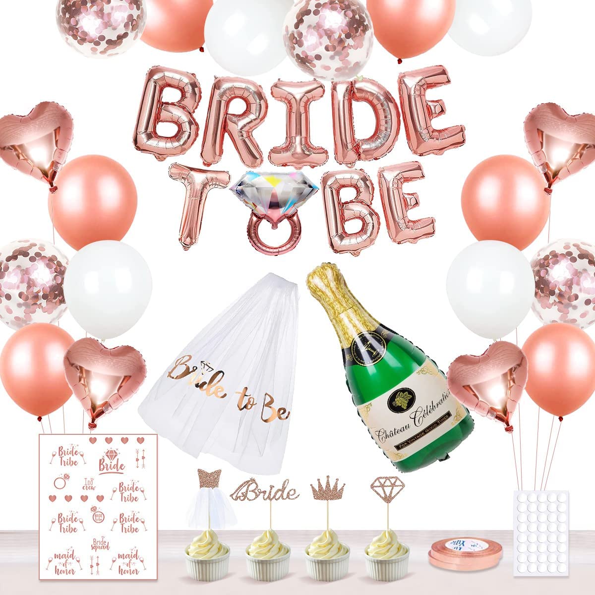 iZoeL Hen Party Decoration, Hen Party Accessories, Rose Gold Bride To Be Banner, Bride To Be Veil, Champagne Balloon, Tattoos for Team Bride, Bride Cake Topper, Confetti Balloons for Hen Do Wedding