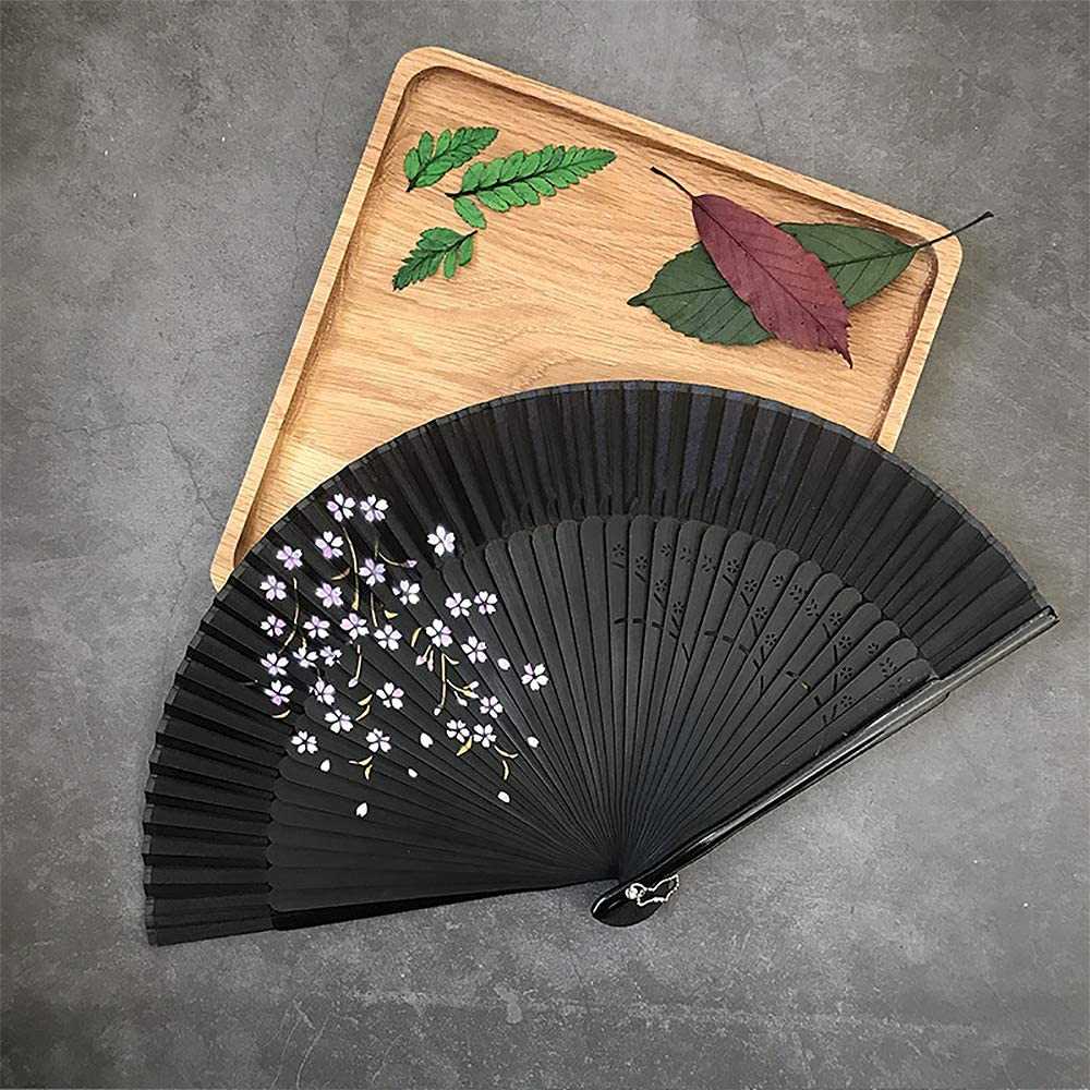 iZoeL Hand Bamboo Fan Handheld Folding Portable Fans, Black Fabric Cherry Fan with High-end Gift Bag, Hand Held Pocket Chinese Fan Idea Wedding Birthday Gift for Man Women