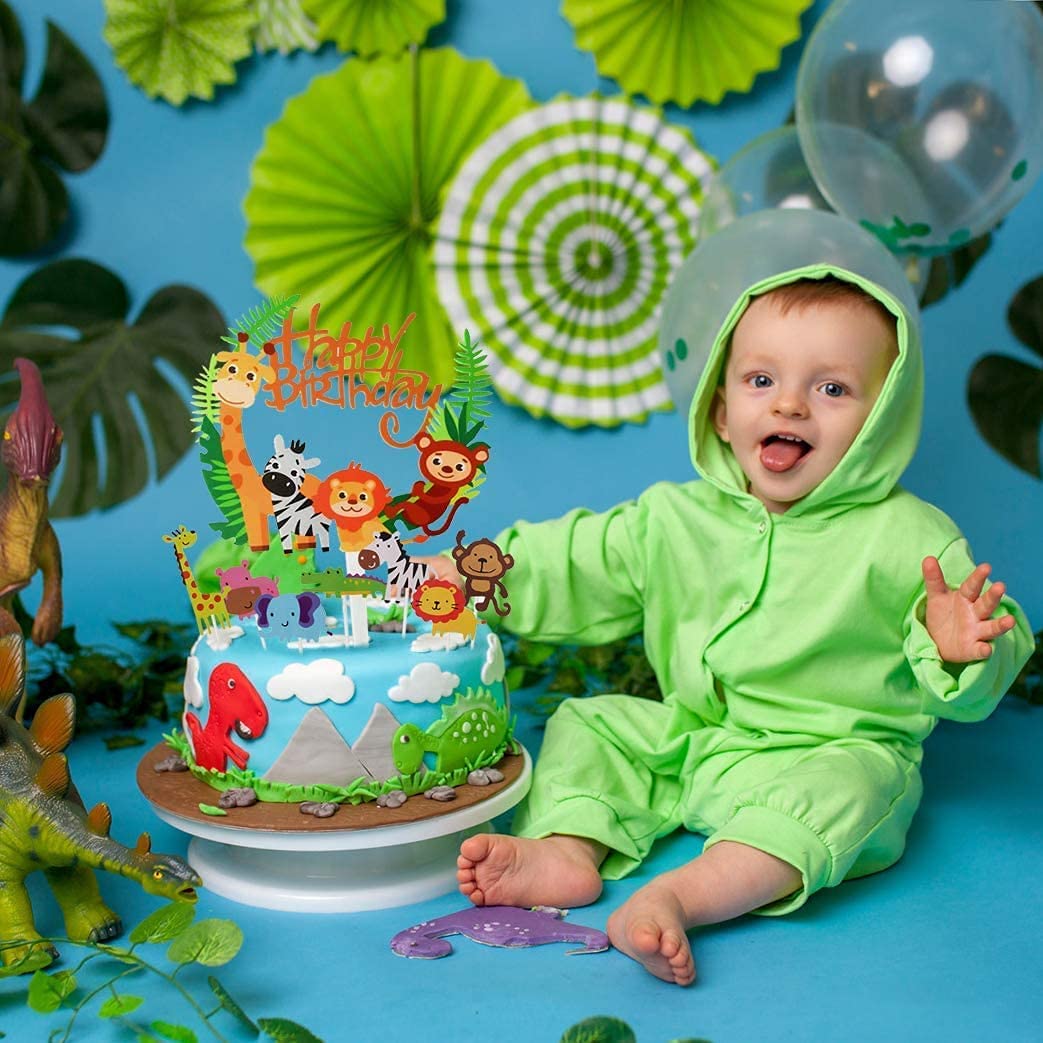 iZoeL Animal Cake Topper, 1pcs Zoo Animal Happy Birthday Banner, 35 Animal Cupcake Topper for Kid Birthday Party Decoration, Jungle Safari Theme Party (Green)