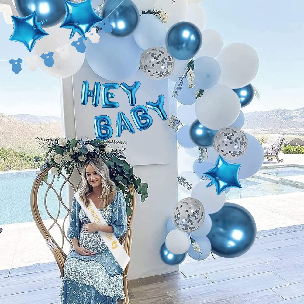 iZoeL Baby Shower Decorations Boy Girl White Blue Baby Shower Decoration Neutral Balloon Arch Kit, Hey Baby Banner Mummy to Be Sash Elephant Balloons Gender Reveal balloons Cake Topper