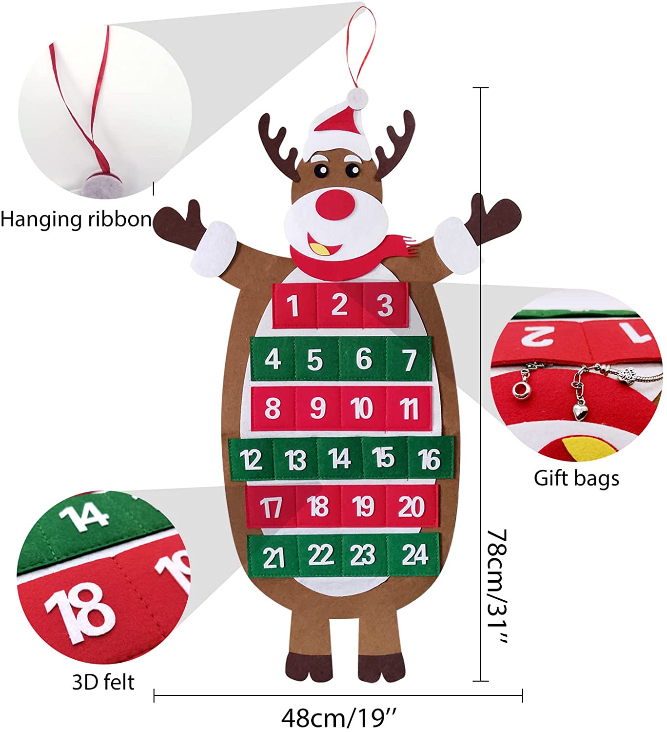 iZoeL Advent Calendar Jewellery 2021 for Girls Kids, 24 Felt Elk Bracelets Charms Earings for Daughter Niece Sister Granddaughter - Traditional Advent Calendar (Plastic)