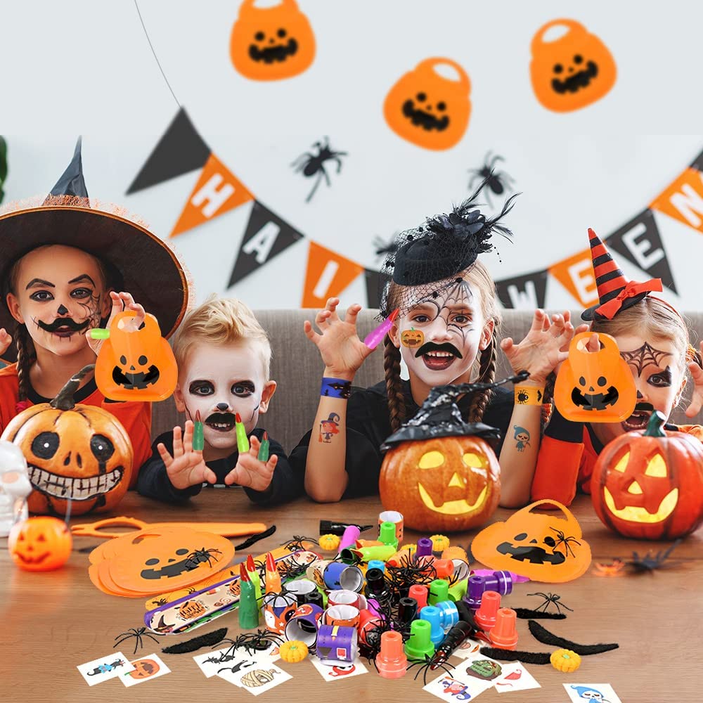 iZoeL 18 Set Spooky Halloween Toys for Kids Halloween Party Bag Fillers with Pumpkin Halloween Sweet Bags Slap Bracelet Stampers Tattoos Finger Halloween Spiders- Halloween Party Favours
