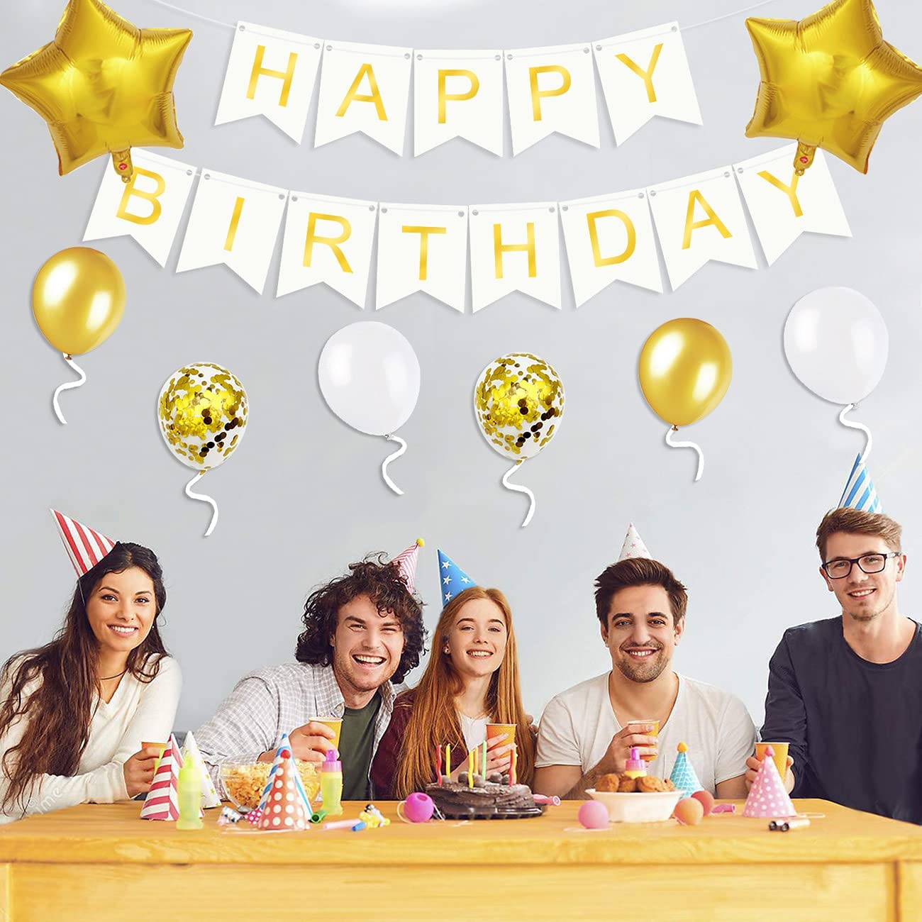 iZoeL Gold Birthday Decoration for Him, Happy Birthday Banner, Confetti Balloons, Big Star Balloons, for Boys Mens Husband Girl Women Birthday Party Supplies Baby Shower