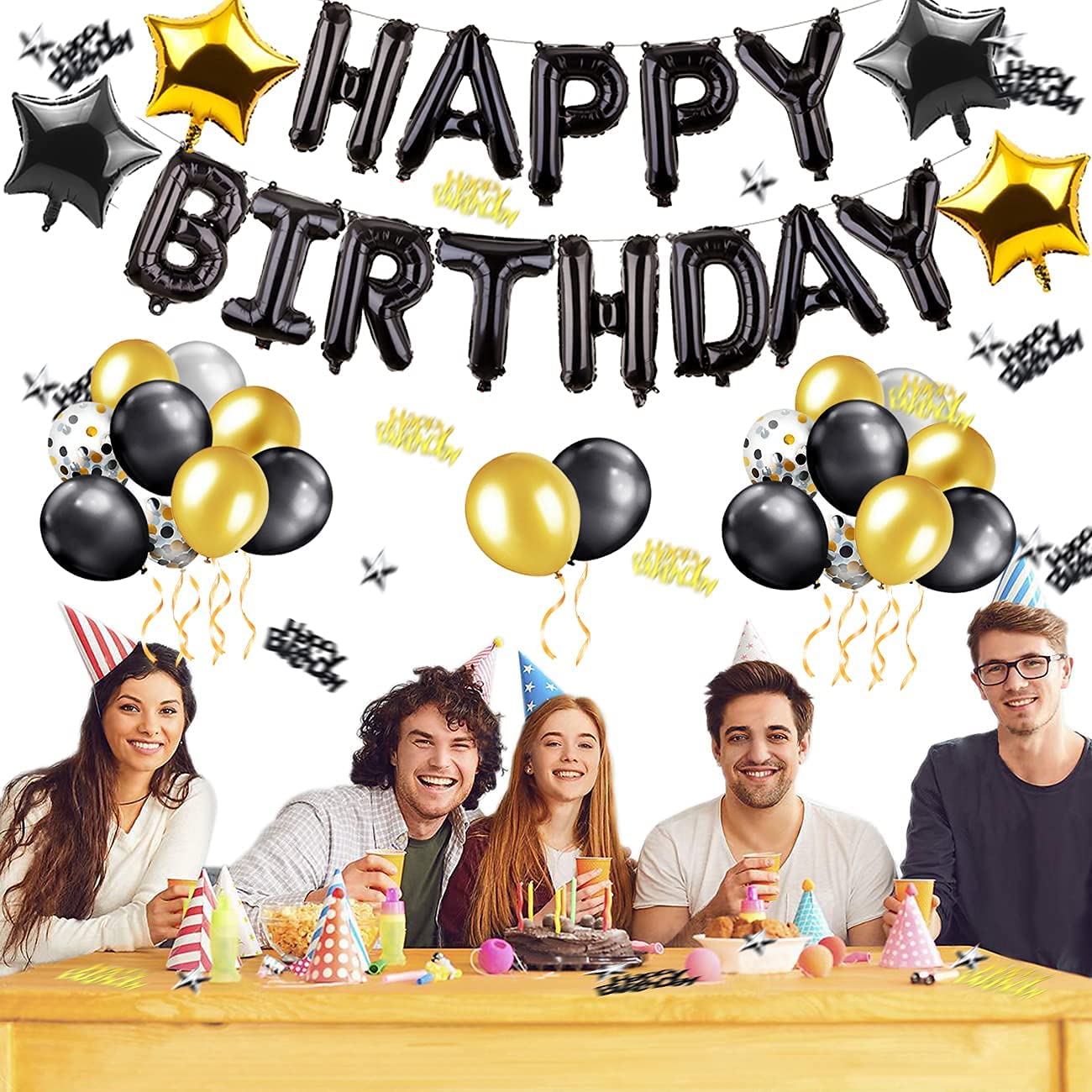 iZoeL Birthday Decorations for Men Women, Black Gold Happy Birthday Banner Balloons, Fringe Curtain, Foil Tablecloth, Heart Star Confetti Balloons and 10g Table Confetti