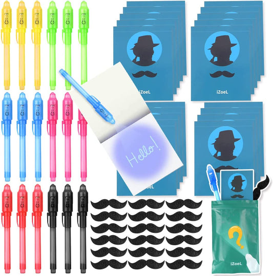 iZoeL 18 Invisible Ink Pen Secret Pen 18 Notebook 18 mustache, detective Men Invisible Writing with UV Light, Invisible UV Pens Detective Birthday Pinata Party Bags Filler School Prize