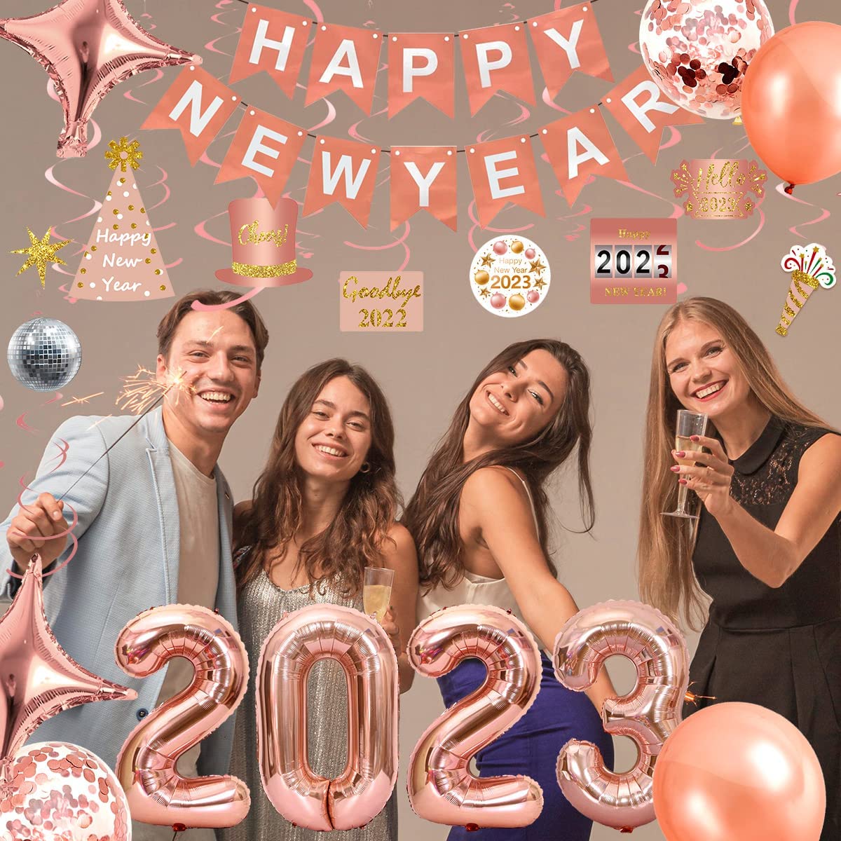 iZoeL New Years Decorations 2023 Eve Party Supplies - Rose Gold 2023 Balloons New Year Hanging Swirl New Year Cake Topper Happy New Year Balloons - 2023 New Years Party Favors