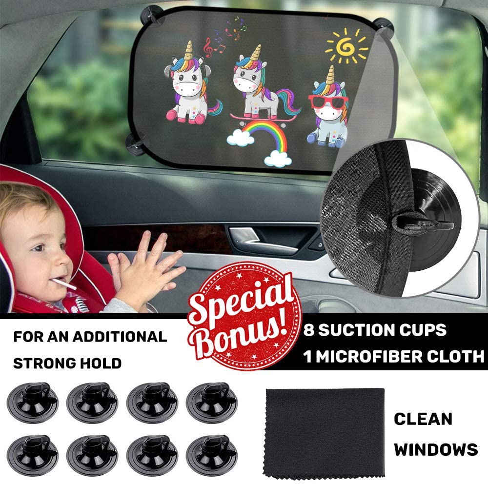 iZoeL Sonnenschutz Auto Baby mit UV Schutz, 2 Pack Sonnenblende Kinder mit 8 Saugnapf, Schatten Autofenster Seitenscheibe Motiv Tiere (Einhorn)