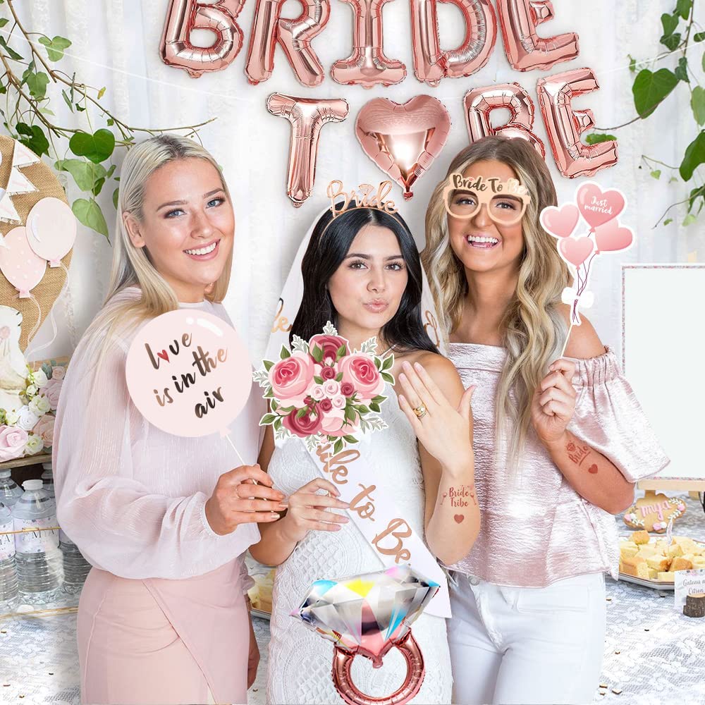 iZoeL Hen Party Decoration, Hen Party Accessories, 26 Hen Party Photobooth Props Sash Bride To Be Banner Balloons Veil Bride Headband Tiara Tattoos Team Bride- Hen Do -Rose Gold