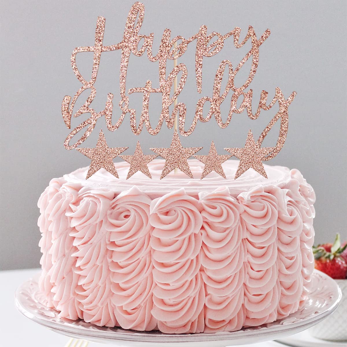 iZoeL 2 Sets Cake Decoration Rose Gold Cake Topper Happy Birthday Banner Confetti Balloon Stars Heart Cake Topper for Women Girls Rose Gold Theme Birthday Party Decor Hen Party