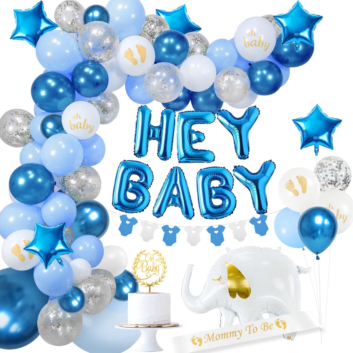 iZoeL Baby Shower Decorations Boy Girl White Blue Baby Shower Decoration Neutral Balloon Arch Kit, Hey Baby Banner Mummy to Be Sash Elephant Balloons Gender Reveal balloons Cake Topper