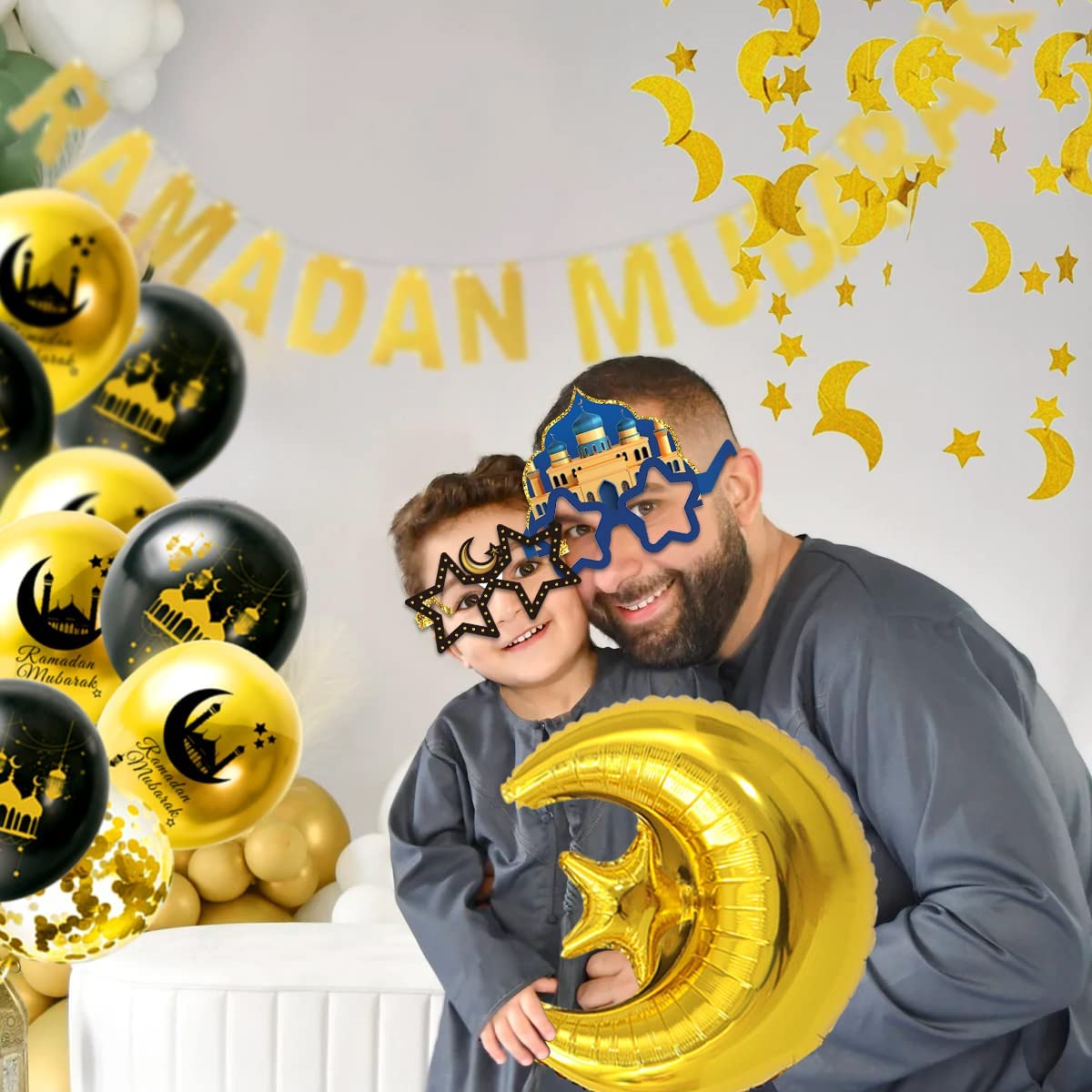 iZoeL Ramadan Decorations for Home Ramadan Mubarak Decor Eid Decorations Ramadan Balloons Banner Moon Star Garland Party Glasses Photo Booth Props for Restaurant Garden Decor