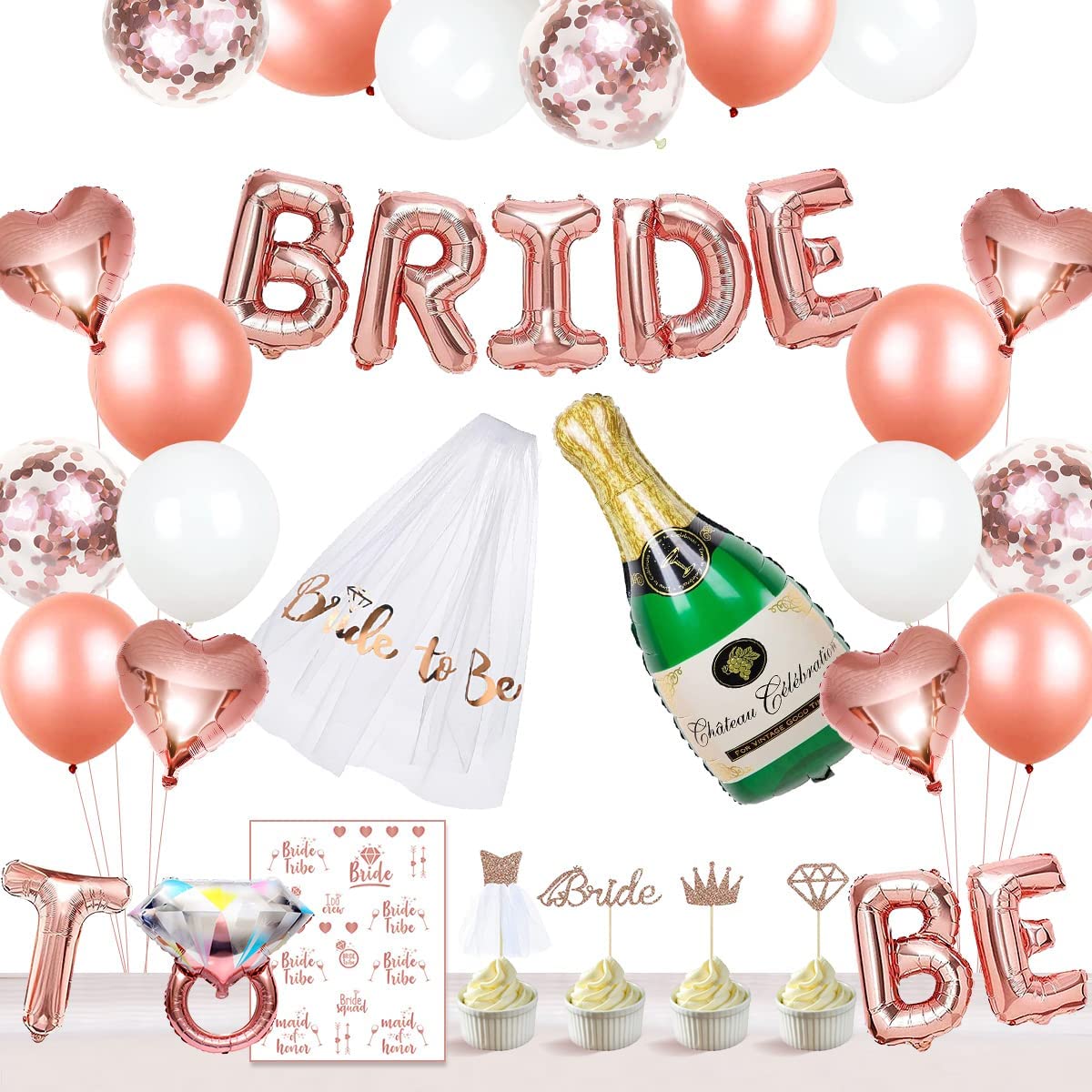 iZoeL Hen Party Decoration, Hen Party Accessories, Rose Gold Bride To Be Banner, Bride To Be Veil, Champagne Balloon, Tattoos for Team Bride, Bride Cake Topper, Confetti Balloons for Hen Do Wedding