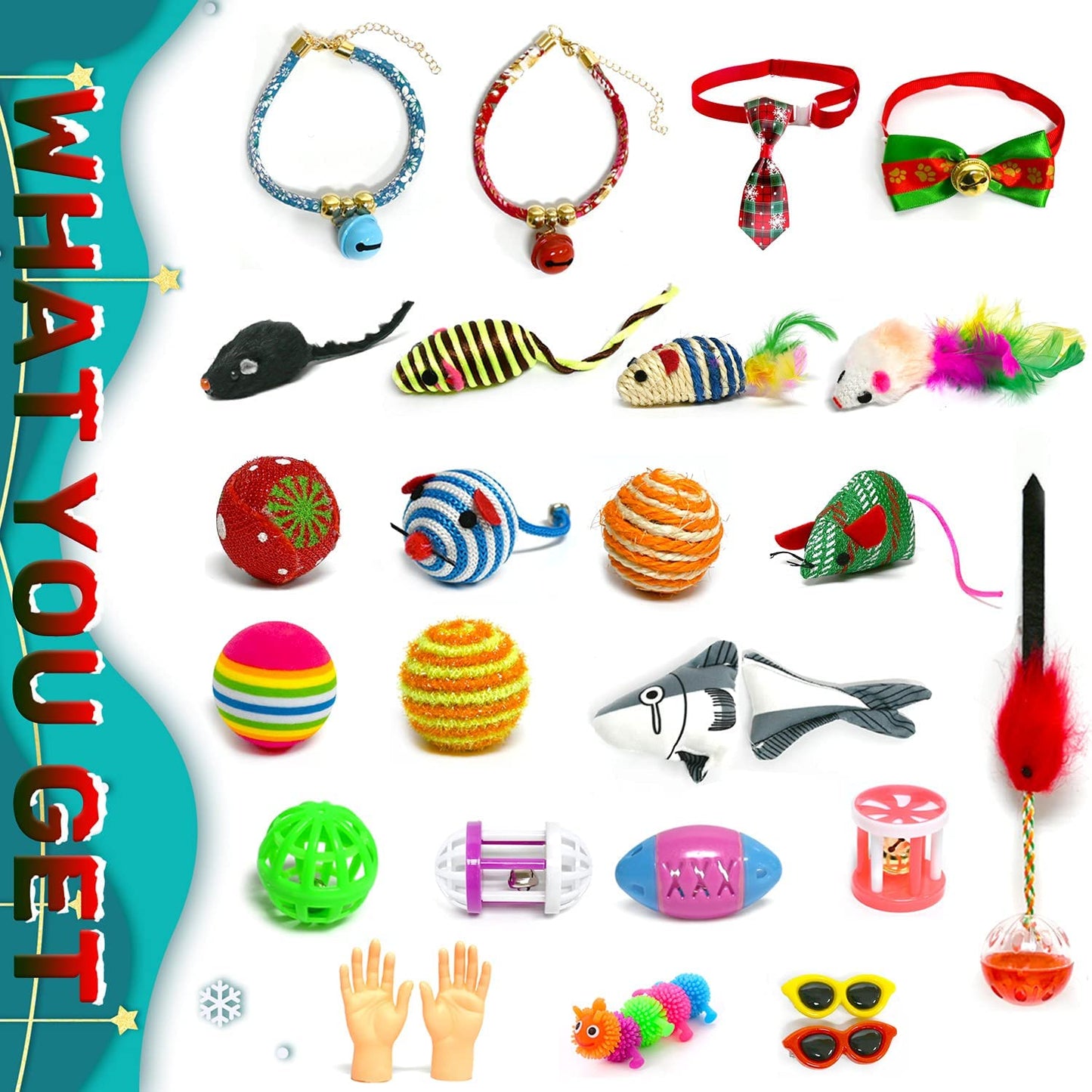 iZoeL Cat Toys Advent Calendar 2021 Christmas, 24Pcs Interactive Cat Toys - Christmas Collars Bow Tie, Fish, Fake Mouse, Bell Balls and Column Bell Toys, for Cats