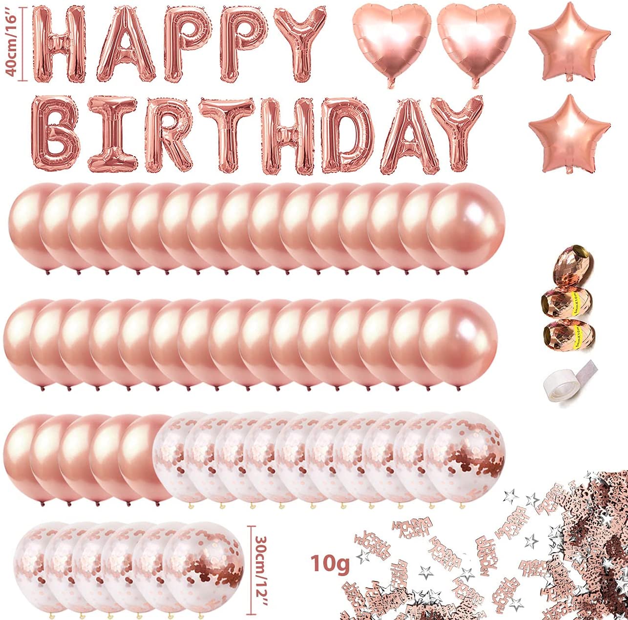 iZoeL Rose Gold Birthday Decoration for Girls Women, 13pcs Happy Birthday Banner Balloons, 6pcs Heart Star, 50pcs Latex Confetti Balloons Ribbons 10g Table Confetti Anniversary Party Accessories