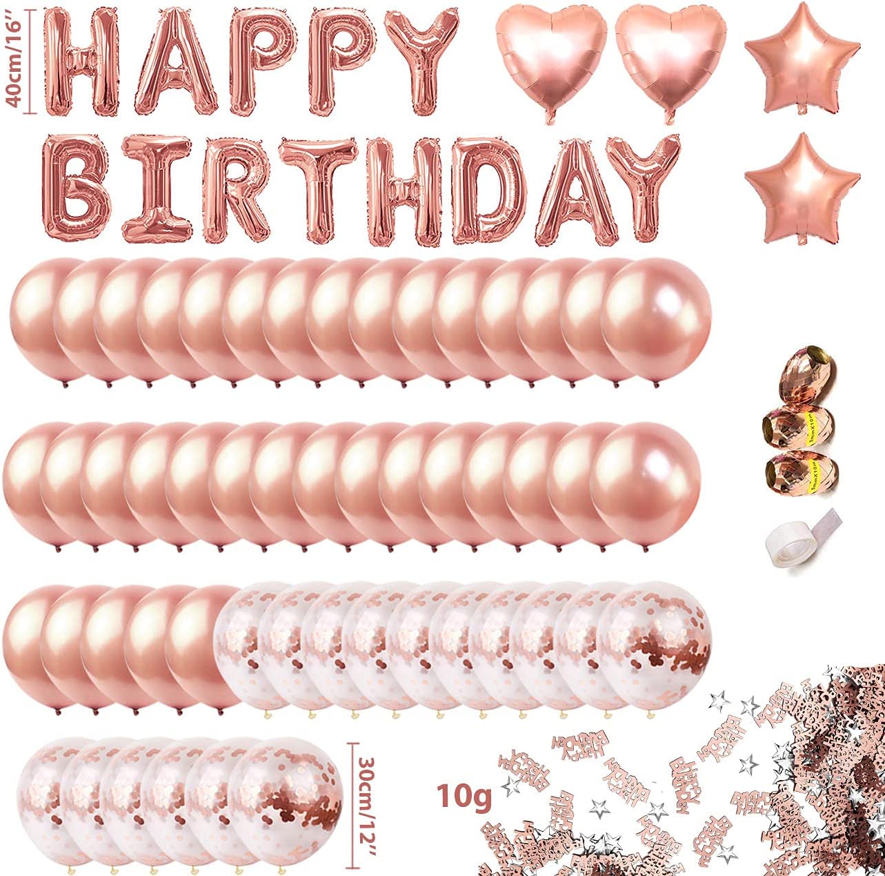 iZoeL Rose Gold Birthday Decoration for Girls Women, 13pcs Happy Birthday Banner Balloons, 6pcs Heart Star, 50pcs Latex Confetti Balloons Ribbons 10g Table Confetti Anniversary Party Accessories