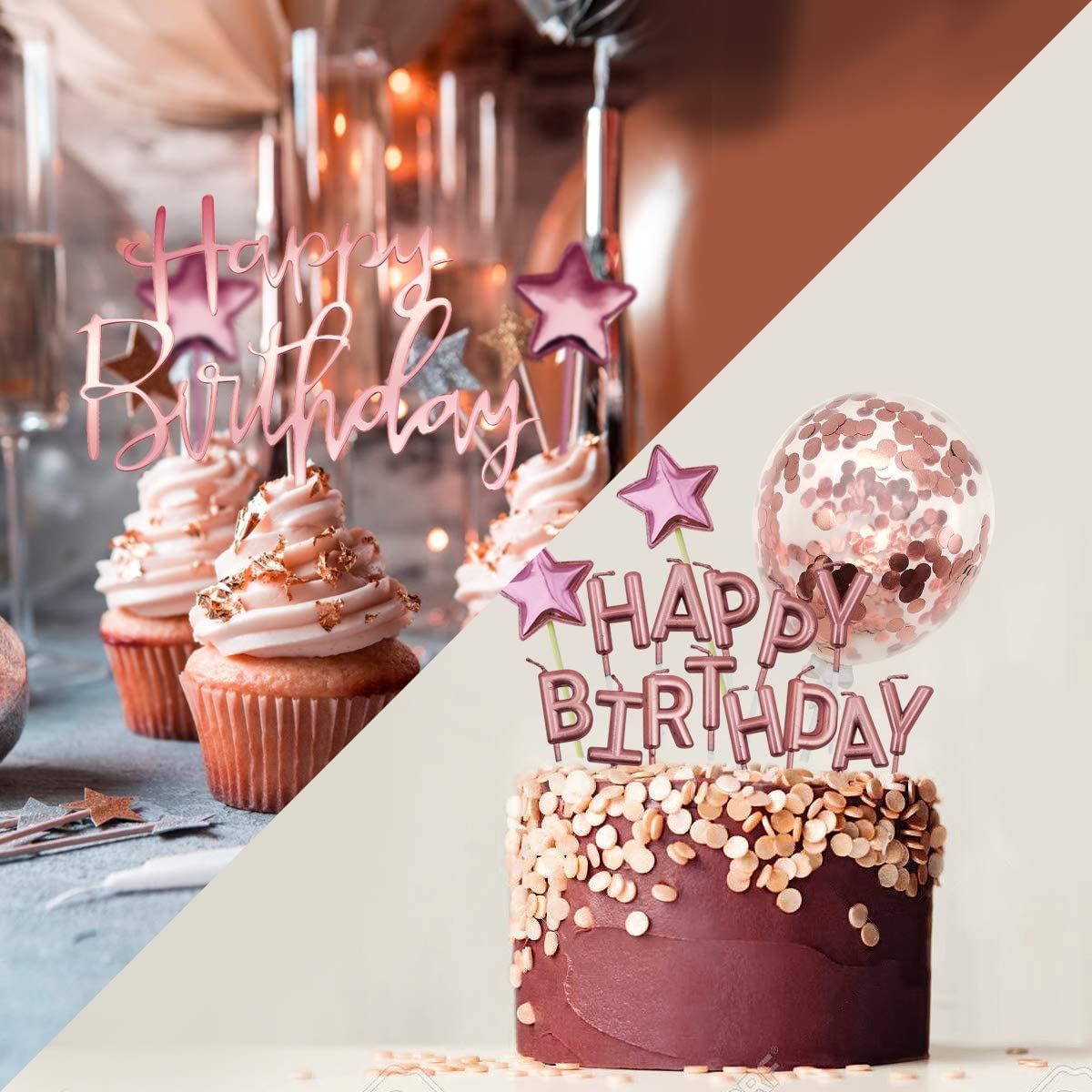 iZoeL Rose Gold Cake Decoration Rose Gold Happy Birthday Candles Happy Birthday Banner Confetti Balloon Stars Cake Topper For Rose Gold Theme Party Decor Girl Kid Women Birthday Party Baby Shower