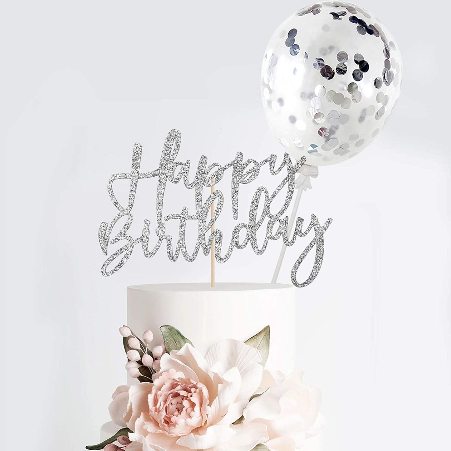 iZoeL Sliver Cake Decoration Confetti Balloon Cake Topper Sliver Happy Birthday Cake Topper Stars Heart Cupcake Topper for Women Man Boys Girls (silver)