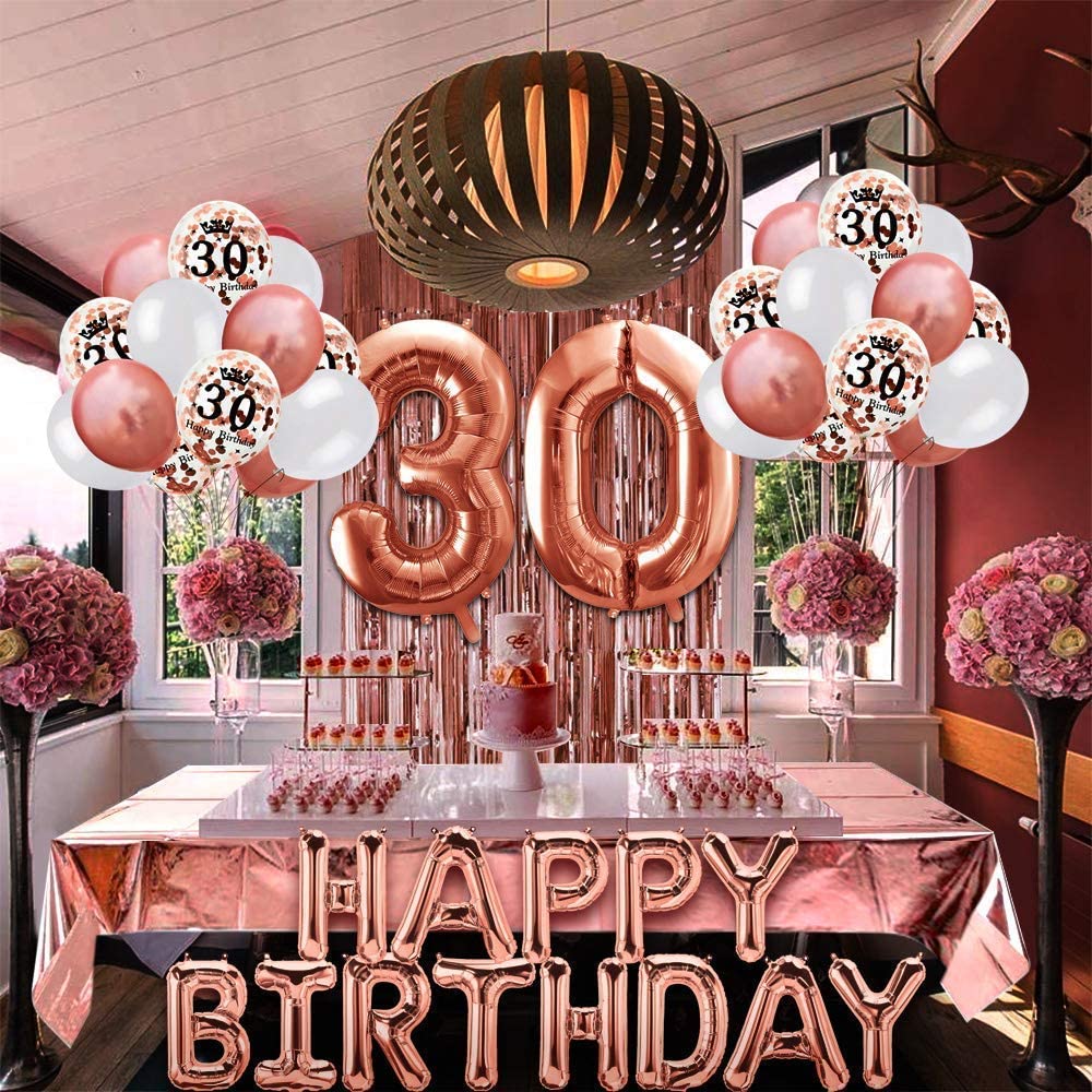 iZoeL 30th Rose Gold Birthday Party Decoration, Happy Birthday Banner, Helium Number Balloon 30 XXL, 2 Rose Gold Fringe Curtain, Latex Confetti Balloon, Table Confetti Girl Women Anniversary