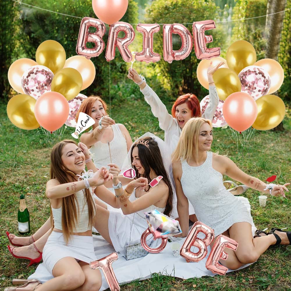 iZoeL Hen Party Decoration, Hen Party Accessories,23 Hen Party Photobooth Props, Rose Gold Bride To Be Banner, Bride To Be Veil, Bride Headband Tiara, Tattoos Team Bride Hen Do Balloons