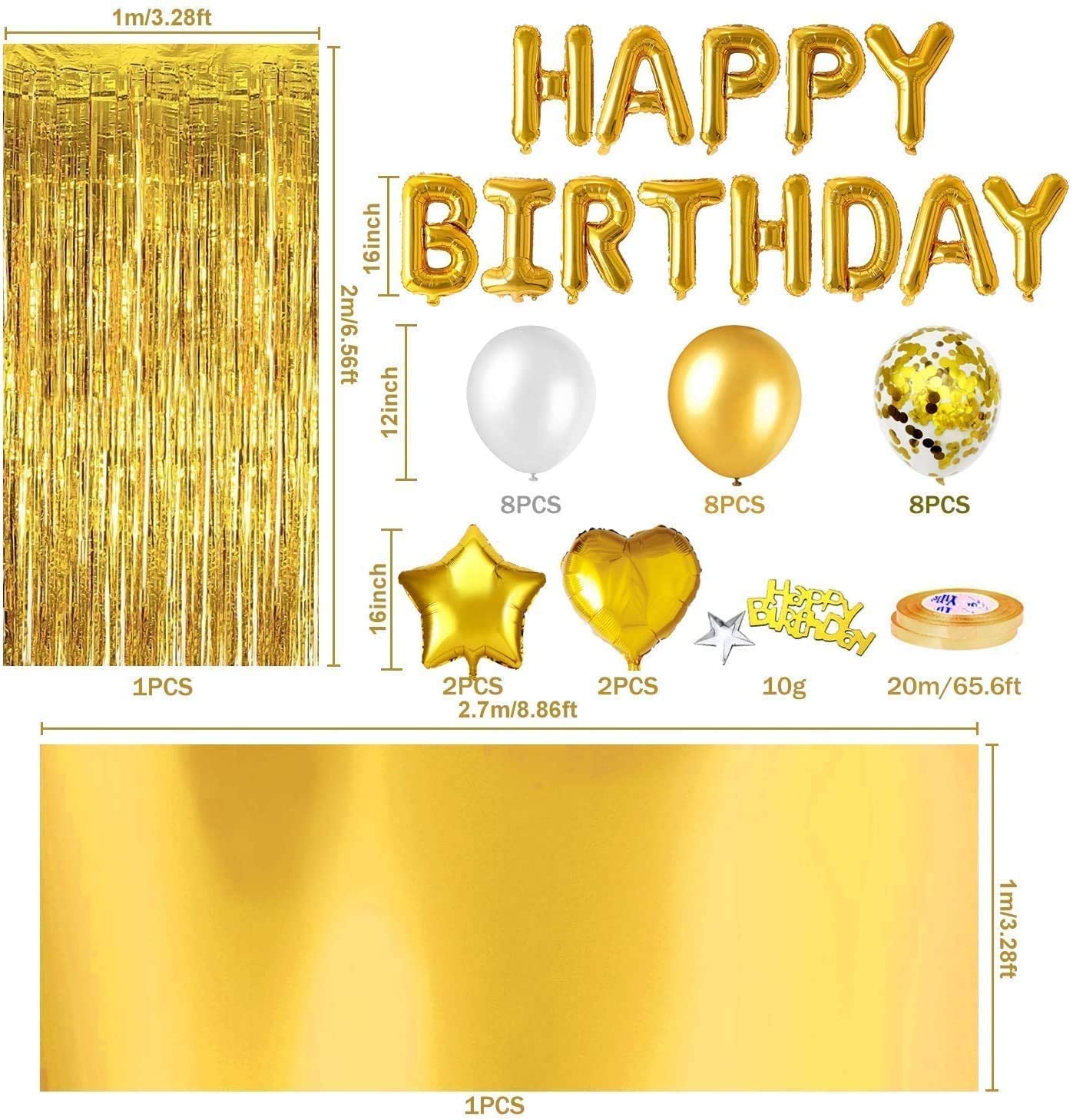 iZoeL Gold Birthday Party Decoration Happy Birthday Banner Balloons Fringe Curtain Foil Tablecloth Heart Star Foil Confetti Balloons and 10g Table Confetti for Man Women Birthday Party