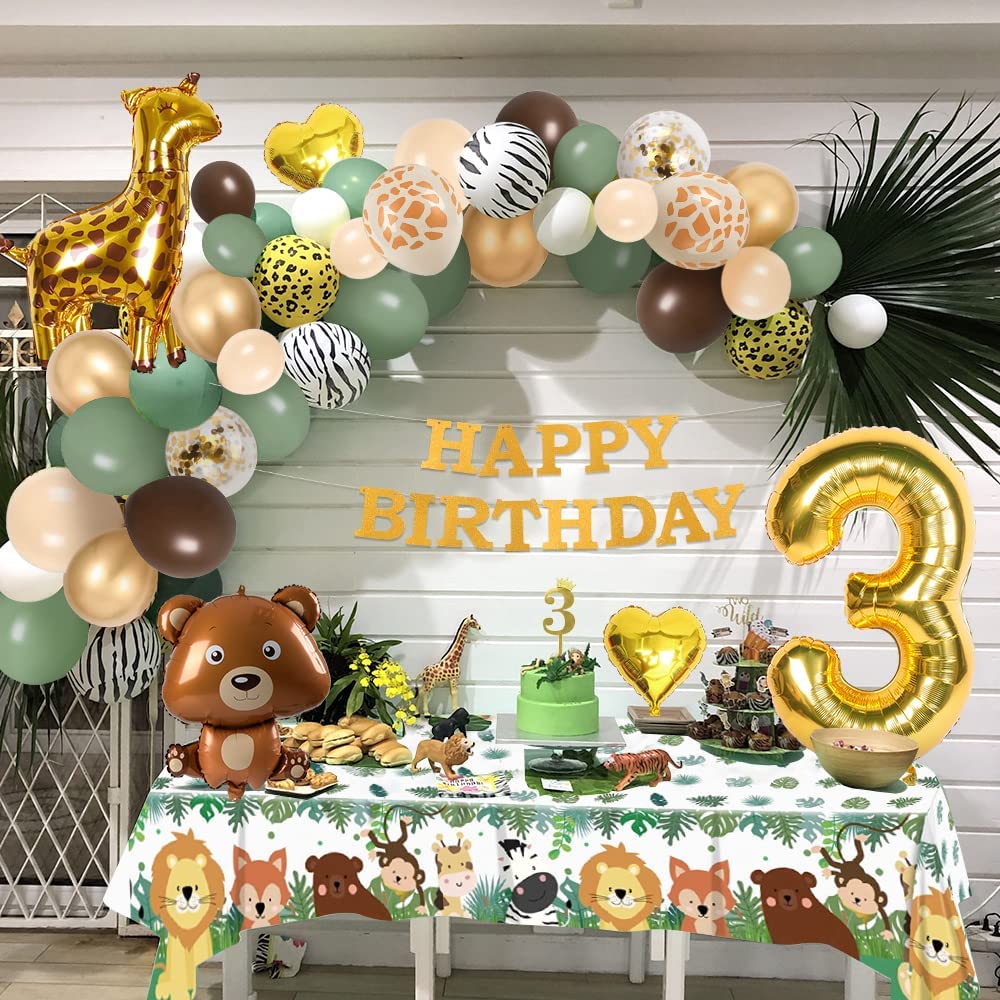 iZoeL 3rd Birthday Decorations for Baby Girls Boys 3 Birthday Banner Balloons, Sage Green Balloon Arch Kit, Giraffe Bear Balloons Wild Tablecloth 3rd Cake Topper Wild Two Animal Birthday Party