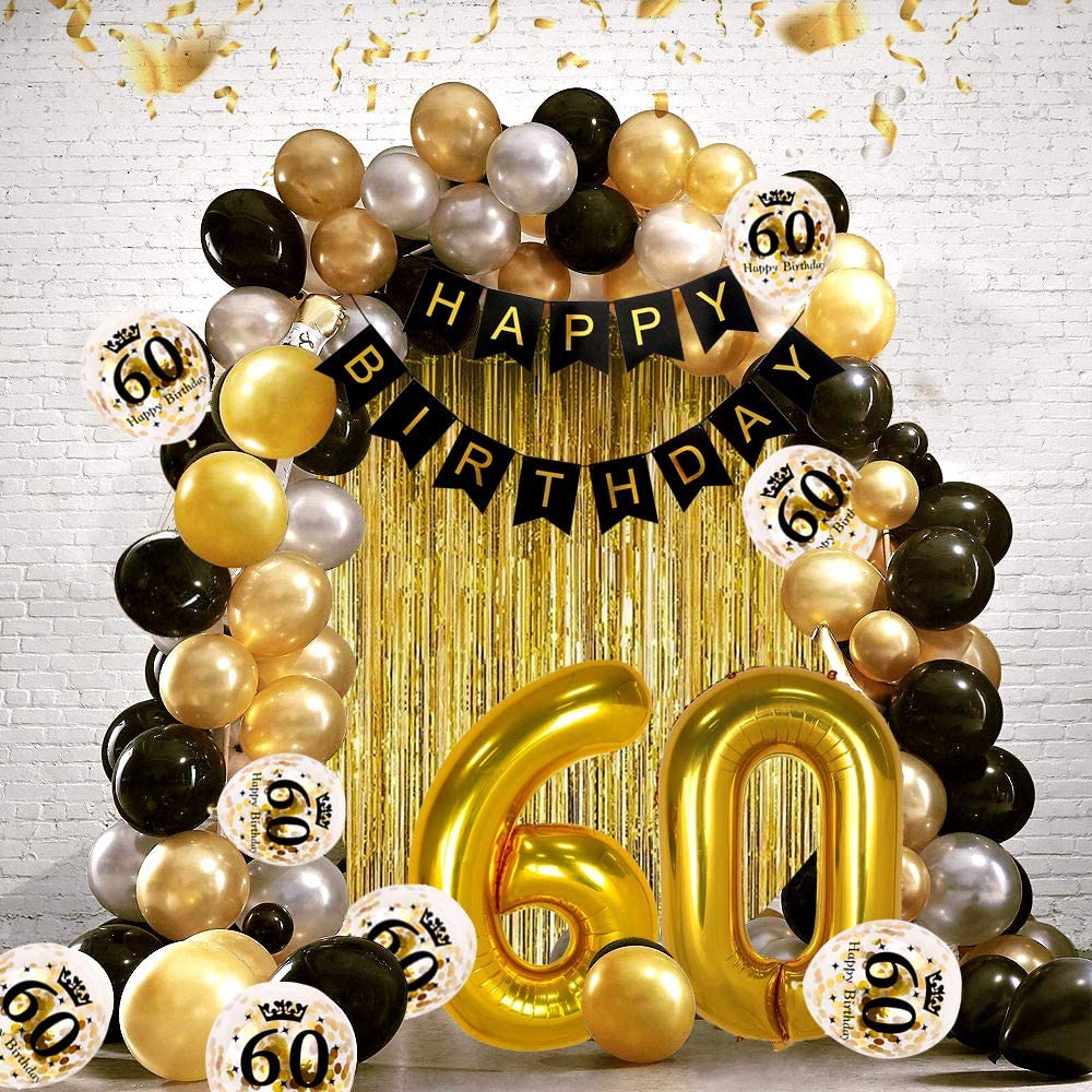 iZoeL 60th Black Gold Birthday Party Decoration, Happy Birthday Banner Helium Number 60 XXL 2 Gold Fringe Curtain Latex Confetti Balloon Table Confetti for Man Boy Girl Women Anniversary