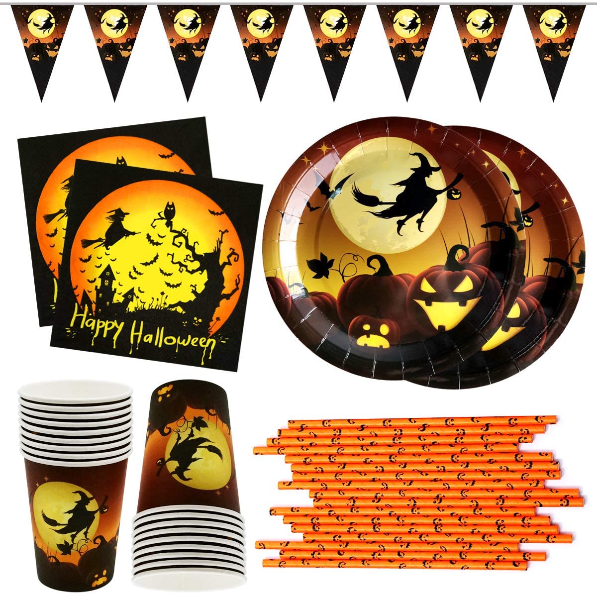 iZoeL Halloween Tableware for 20Guests Witches Banner Paper Plates Napkins Cups Straws - Disposable Dinnerware for Halloween Party Decorations Supplies