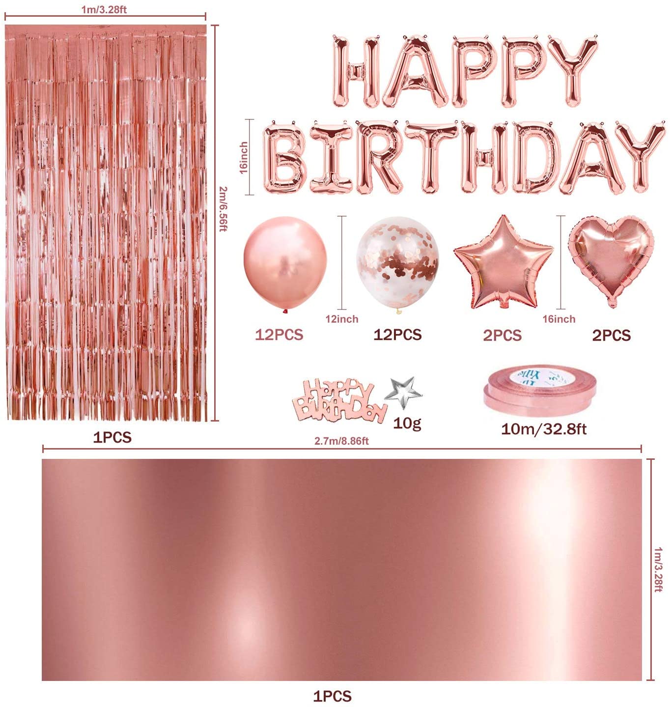 iZoeL Rose Gold Birthday Party Decoration for Girls Women Happy Birthday Banner, Rose Gold Fringe Curtain Foil Tablecloth, Heart Star Confetti Balloons and 10g Table Confetti