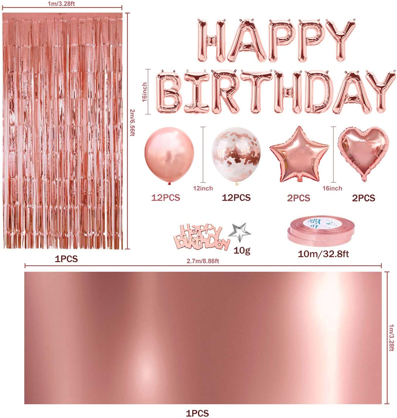 iZoeL Rose Gold Birthday Party Decoration for Girls Women Happy Birthday Banner, Rose Gold Fringe Curtain Foil Tablecloth, Heart Star Confetti Balloons and 10g Table Confetti