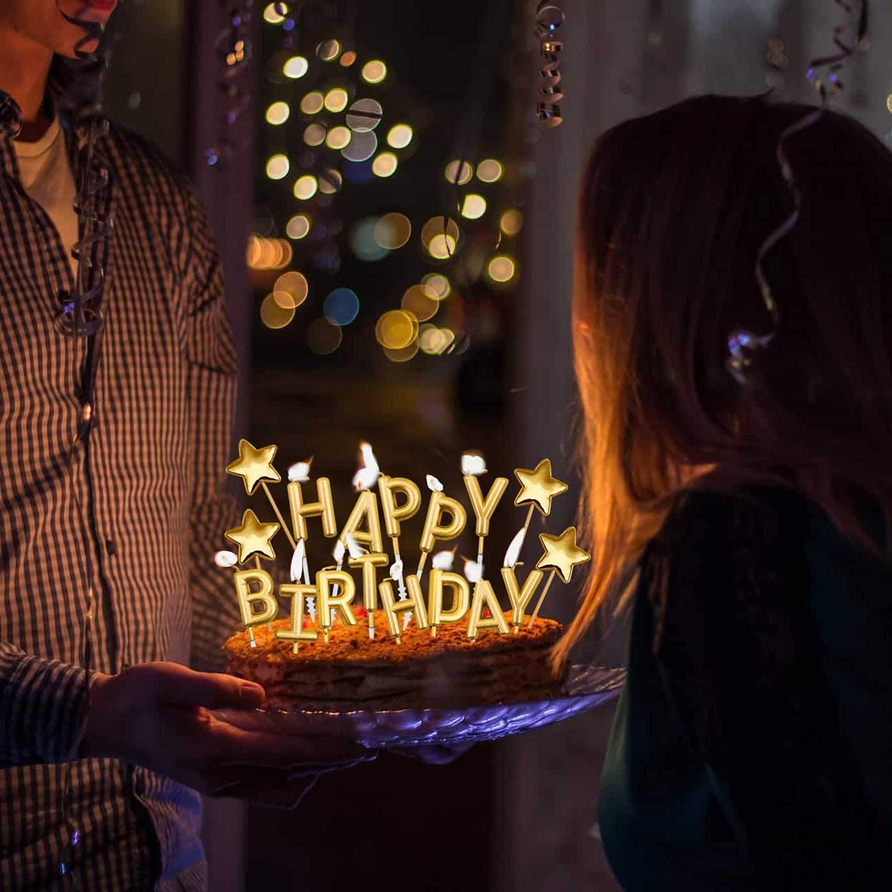 iZoeL Gold Cake Topper Gold Cake Decorations, Happy Birthday Candles, Stars Confetti Balloon Cake Topper for Men Women Girls Boys Kids Birthday Party