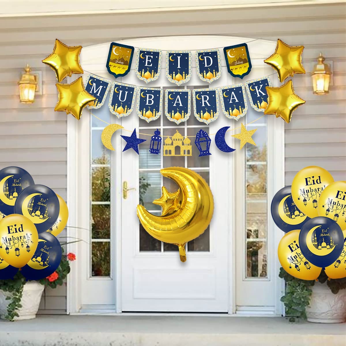 iZoeL Eid Decorations UK with Eid Mubarak Banner, Eid Mubarak Balloons, Eid Mubarak Cake Topper, Eid Mubarak Decorations for Home Set Restaurant Garden - Mubarak UK