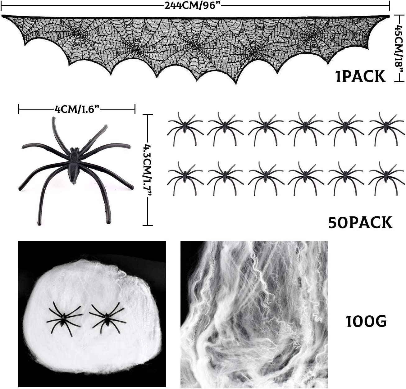 iZoeL Halloween 200cm Giant Spider 75cm Middle Spiders, 40g Spider Cobweb, 30pcs Plastic Spiders, Creepy Fake Spiders Prop Party Supplies for Outdoor Indoor Yard Home Party Decorations (White)